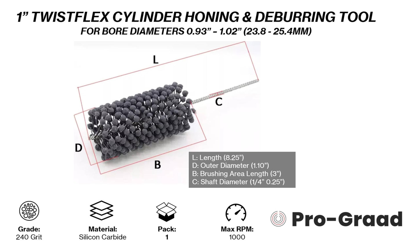 Pro-Graad TwistFlex 1" 240SC Cylinder Hone | 1" Flexible Cylinder Honing & Deburring Tool Bore Brush for Hole Diameters 0.93" - 1.02" | Silicon Carbide 240 Grit | 1/4" Shank | 8.25" Length | Pack of 1