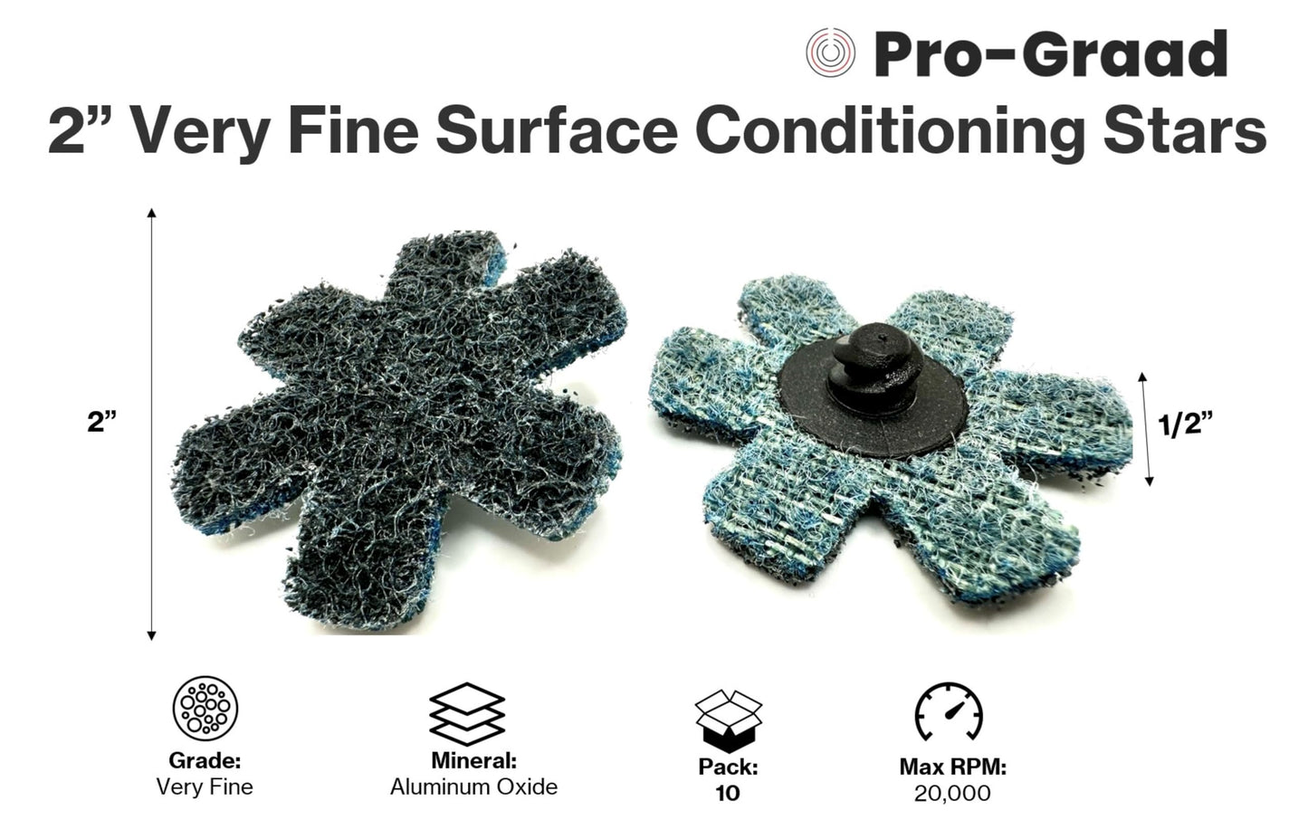 Pro-Graad 10 Pack 2” Very Fine Quick Change Surface Conditioning Stars, Ideal for Deburring, Polishing, Blending inside of cylinders, pipe, tubing, for Aluminum, Steel, Titanium - Includes Holder