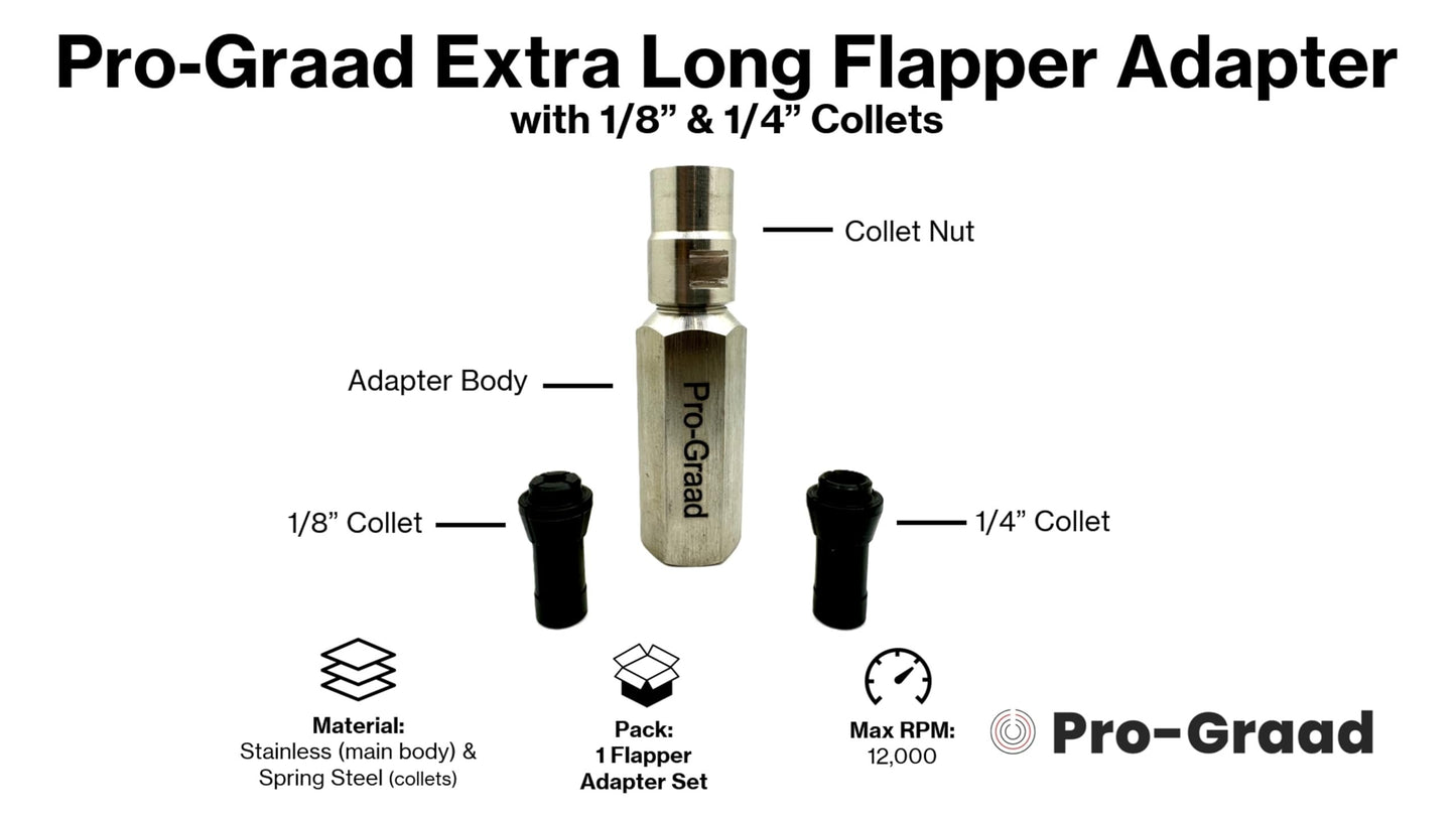 Pro-Graad Angle Grinder Flapper Adapter | 3-3/8” Extended Reach 5/8”-11 Thread Rotary Tool Adapter with 1/8” & 1/4” Collets | Converts Angle Grinders for Grinding, Sanding, Polishing, Cutting
