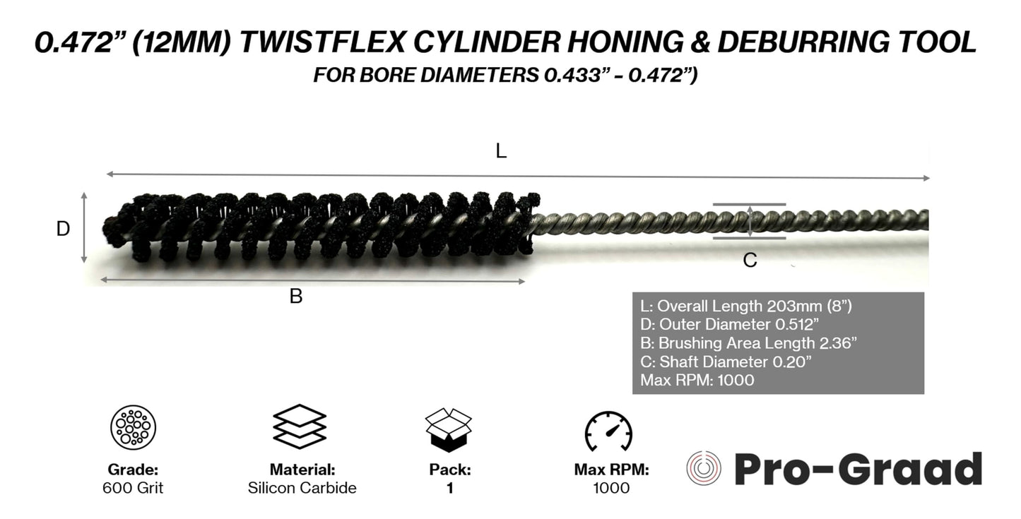 Pro-Graad TwistFlex 0.472” (12mm) 600SC Cylinder Hone | Flexible Cylinder Honing & Deburring Tool | Bore Brush for Hole Diameters 0.433” – 0.472” | Silicon Carbide 600 Grit | 0.20" Shank | 8" Length