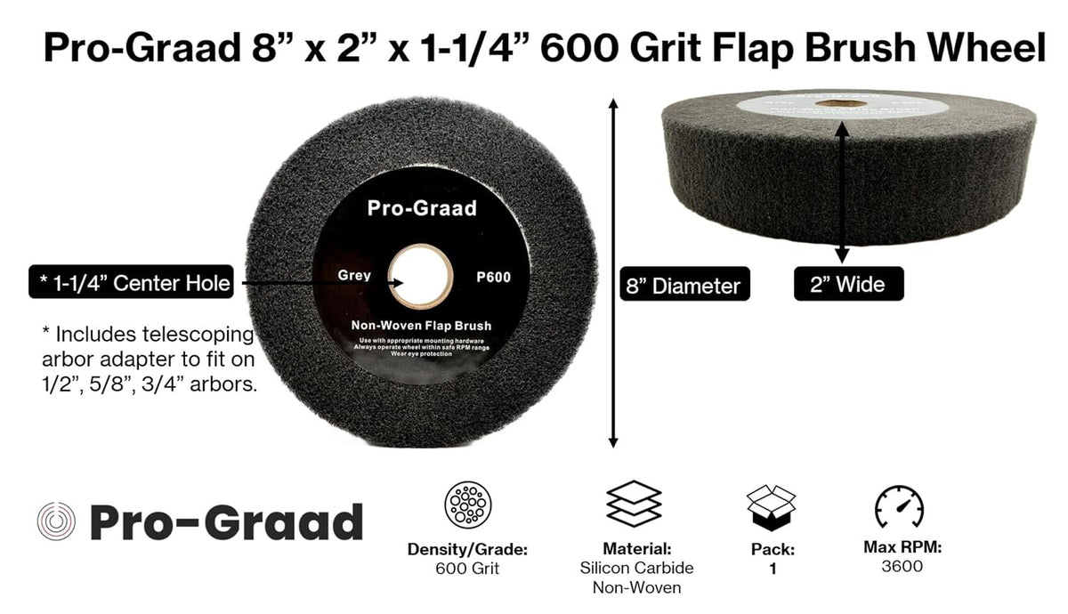 Pro-Graad Flap Brush Finishing Wheel 8" x 2", Gray P600 Grit, 1 Pack
