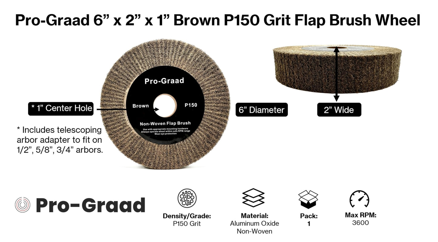 6” x 2” Brown P150 Cut & Polish Non-Woven Bench Grinder Polishing Burnishing Satin Finishing Flap Brush Wheel, Aluminum Copper Metal Golf Club Refurb, Compatible for 1/2”, 5/8”, 3/4" Arbor