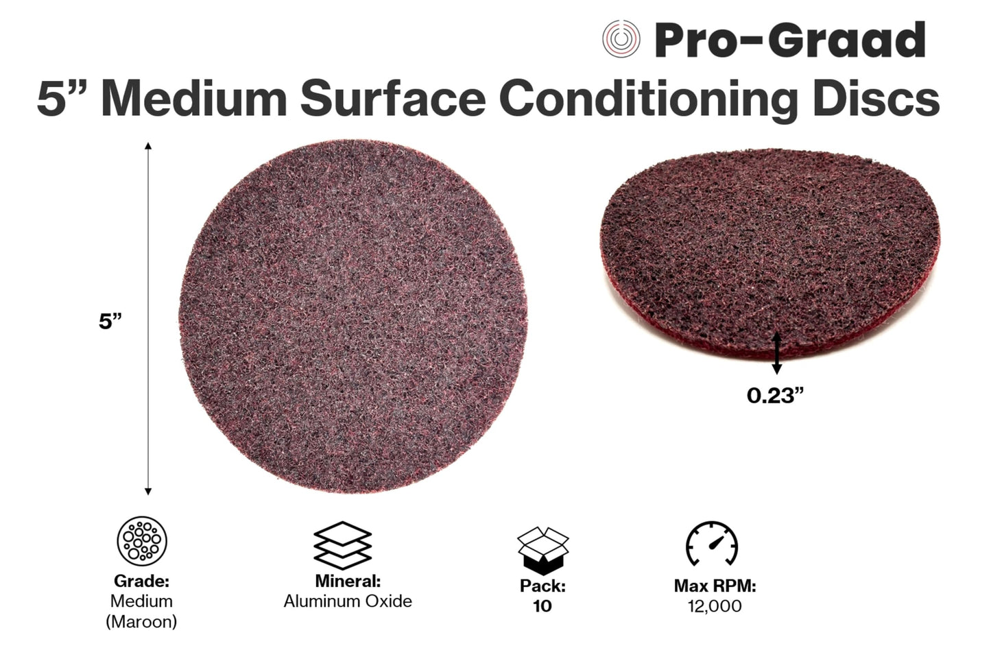Pro-Graad 5" AMED Hook & Loop Surface Conditioning Discs, 10 Pack, Maroon, Medium Grit - Aluminum Oxide, for Metal Surface Prep Sanding Polishing Deburring Cleaning - Easy Attachment, 00643