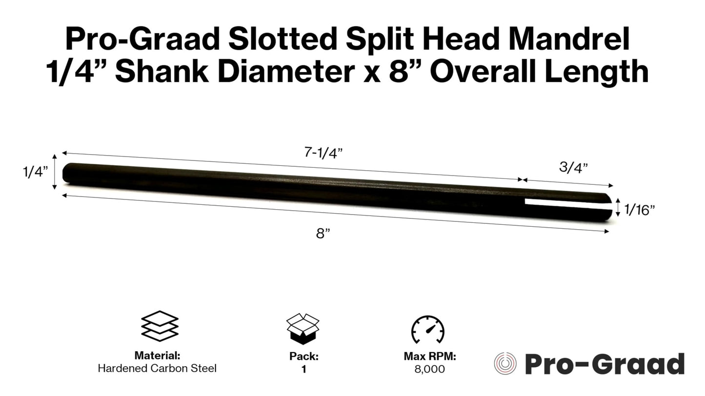 Pro-Graad 8” Slotted Mandrel 1/4” Shank & Body, Split Head Mandrel, Sanding Internal Holes, 1/4” Shank Diameter x 8” Overall Length, Pack of 1