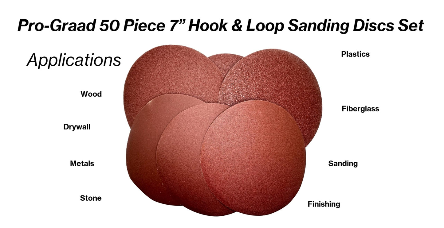 Pro-Graad 50PCS 7" Sanding Discs – 60/80/120/180/240 Grits, Hook & Loop, No-Hole, Aluminum Oxide for Drywall, Floor, Wood, Metal, Fiberglass – Durable, Fast Cutting, Clog-Resistant Sandpaper Set