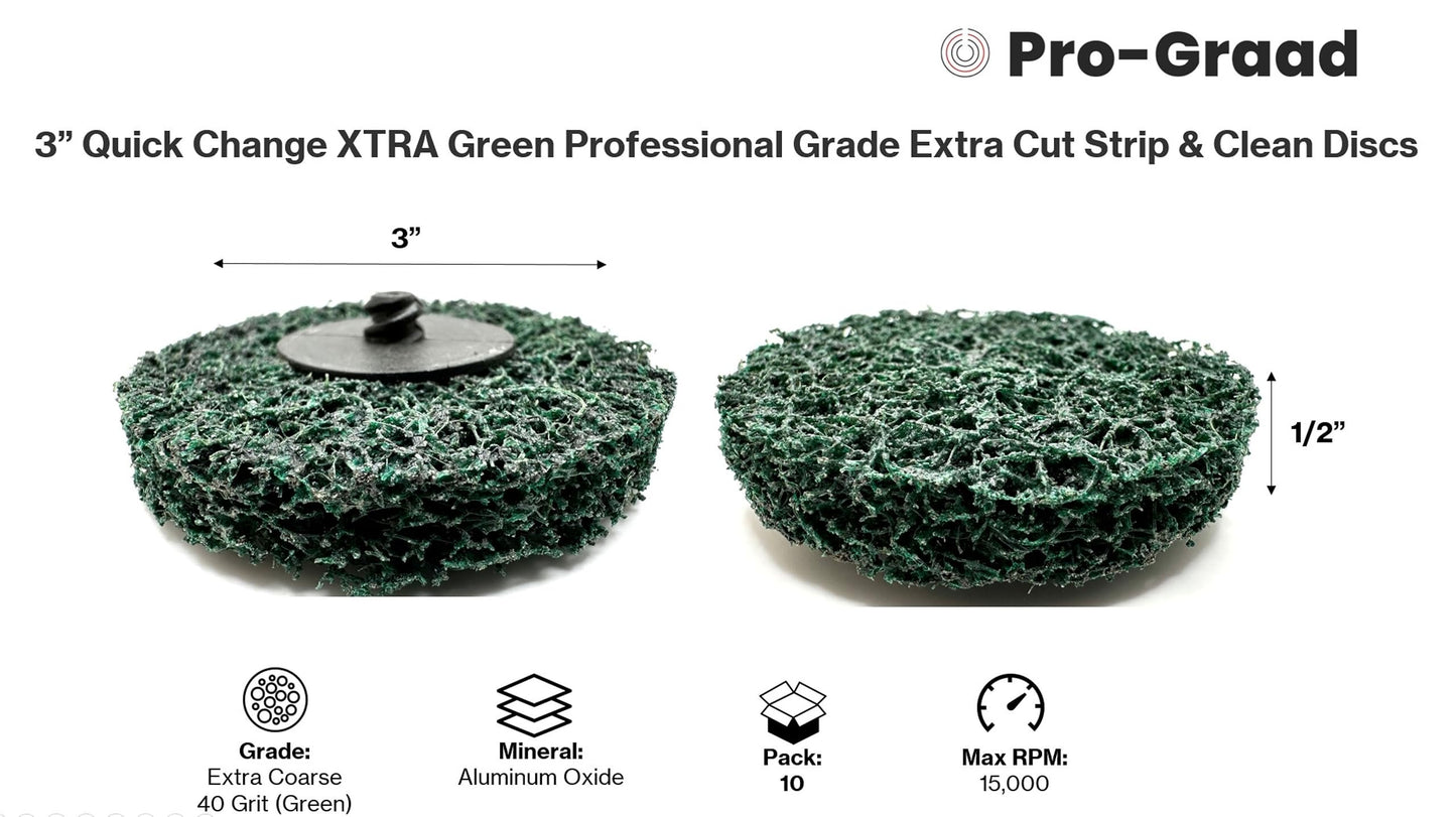 Pro-Graad 10 Pack 3" XT PRO Extra Cut Clean & Strip Disc, Roll Lock Quick Change, Green Professional Grade, Extra Coarse, Remove Heavy Rust Paint Corrosion, 21545