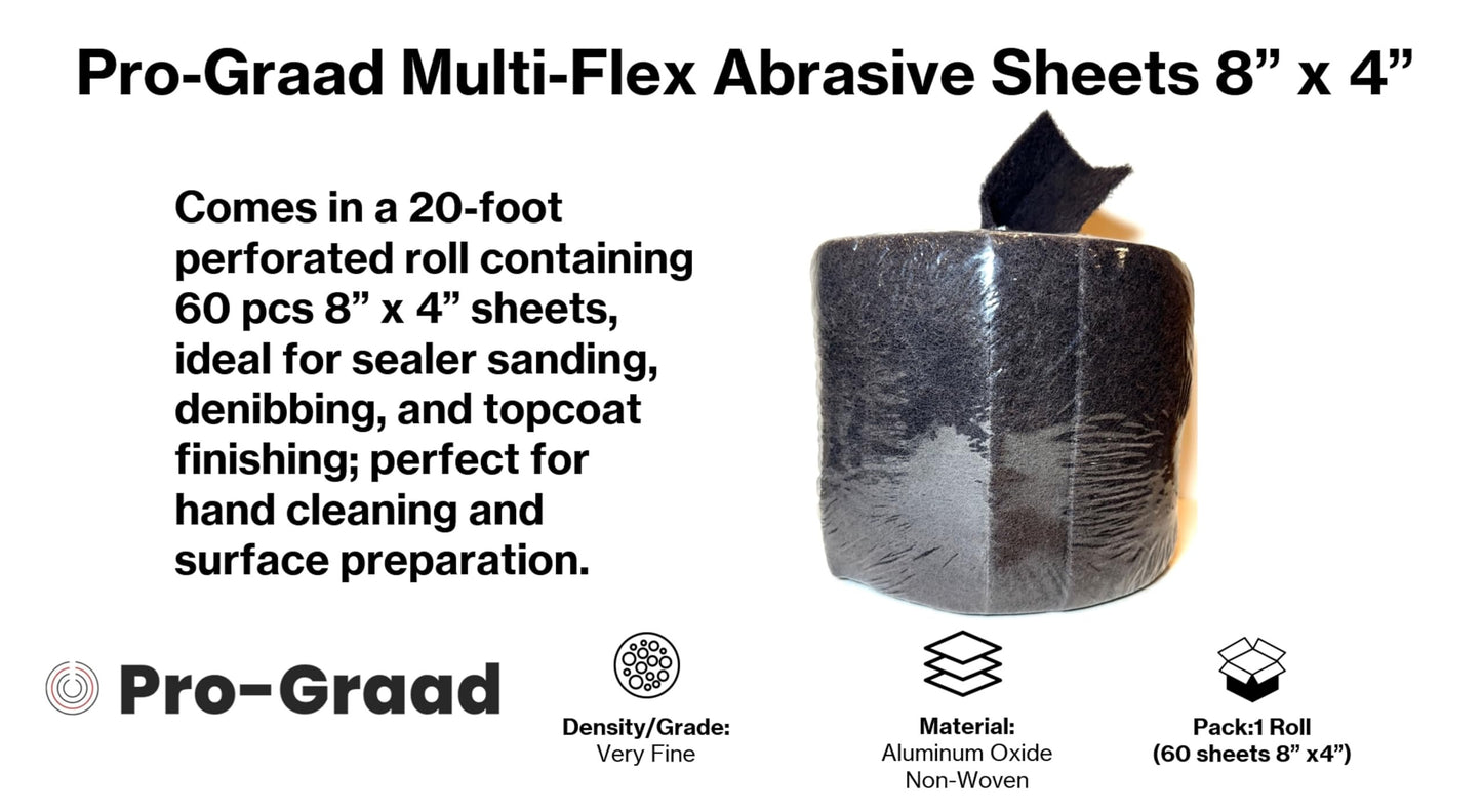 Pro-Graad Multi-Flex Abrasive Sheets 8” x 4” A-VFN Maroon Aluminum Oxide - Very Fine, Ultra Flexible and Conformable for Cleaning or Fine Finishing - Convenient Dispenser, 07521, 1 Roll/60 Sheets