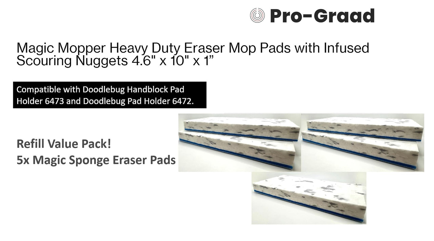 Magic Mopper 4.5" x 10" Heavy Duty Mop Floor Cleaning Eraser Pads infused with Scouring Nuggets 10x Durability Commercial Grade Floor Baseboard Walls, Compare to Magic Eraser – Doodlebug Pad, 5 Pack