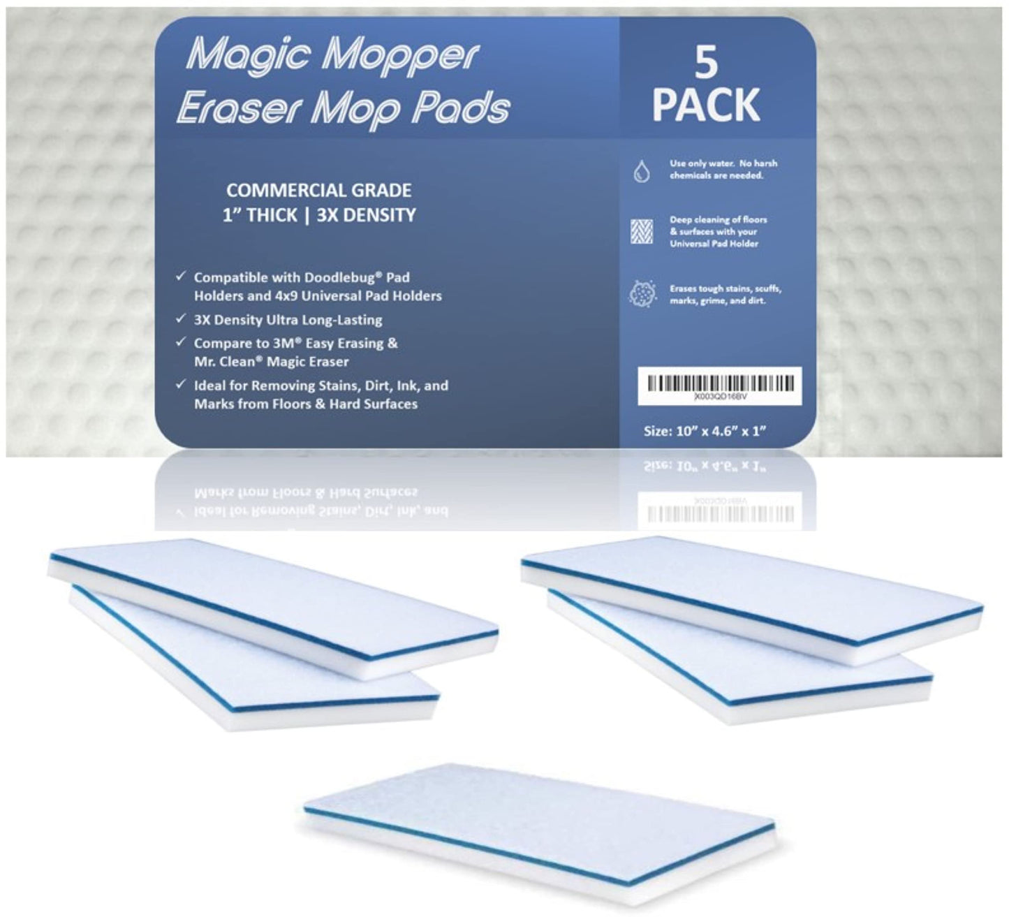 Magic Mopper 4610 Eraser Pads - 5 Pack 4.5" x 10" x 1" Commercial Grade Melamine Mop Sponges for Floor, Tile, Grout, Baseboard, Walls-Durable & Versatile Cleaning - Pack of 5
