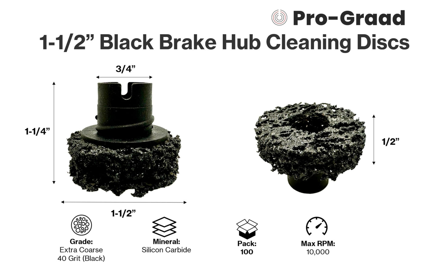Pro-Graad 45150 100 Pack 1-1/2” Black Brake Hub Cleaning Discs, Brake Drum & Rotors, Around Wheel Studs Rust Removal, Replacement Pads Compatible with Pro Graad Counteract Hub Buddy & 3M Pad Holders