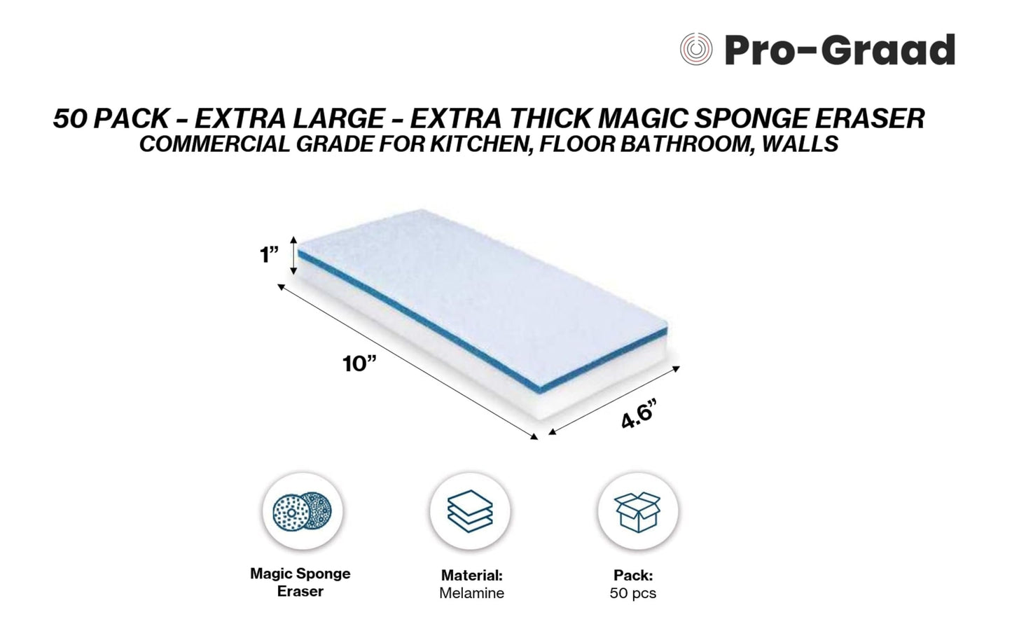 Magic Mopper 4610 Eraser Pads - 50 Pack 4.5" x 10" x 1" Commercial Grade Melamine Sponges for Floor, Tile, Grout, Baseboard, Walls-Durable & Versatile Cleaning - Pack of 50