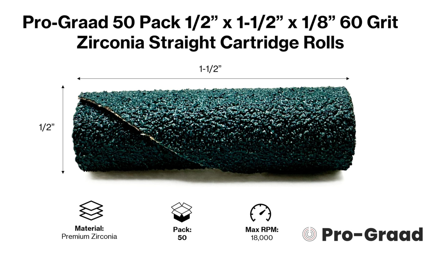 Pro-Graad 1/2” Diameter x 1-1/2” Length x 1/8” Pilot Hole 60 Grit Zirconia Straight/Untapered Cartridge Roll, 50 Pack, Includes 1x CR-9 Mandrel