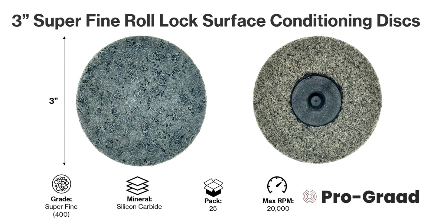 Pro-Graad 3" Gray S-Fine Quick Change Non-Woven Nylon Surface Conditioning Discs for Deburring Sanding Finishing Blending Polishing with Male R-Type Backing Use with Die Grinder - 25 Pack