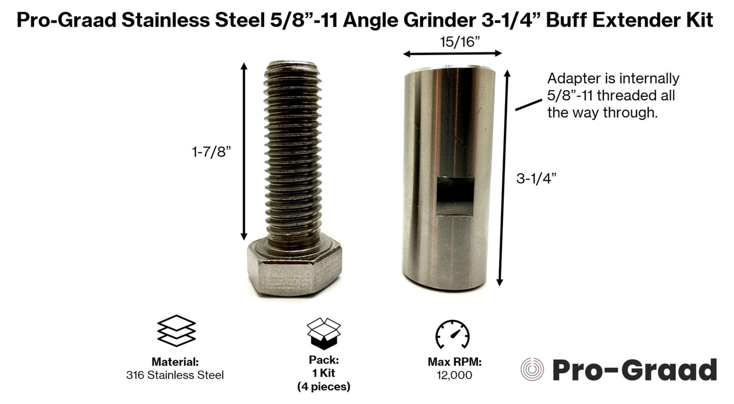 Pro-Graad Stainless Steel 5/8”-11 Angle Grinder Buff Extender Kit, Airway Buffing Polishing Wheel 3-1/4” Extension Shaft, Threaded Arbor Extension Adapter, for Angle Grinders