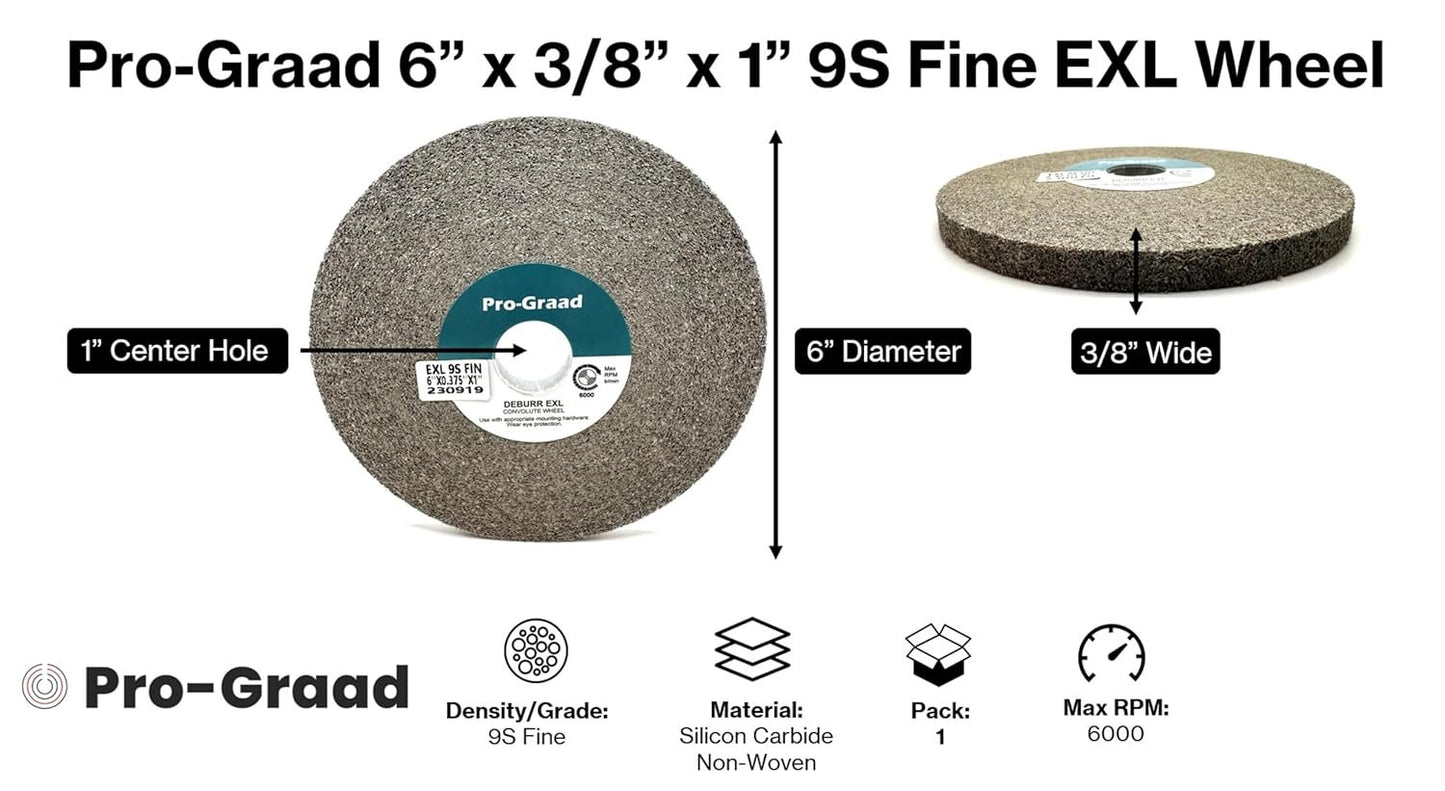 Pro-Graad EXL Deburring Wheel - 6" x 3/8" x 1" 9S Fine Grit - Silicon Carbide - Metal Deburring, Finishing and Polishing Wheel - Convolute - 92873 - (1 Pack)