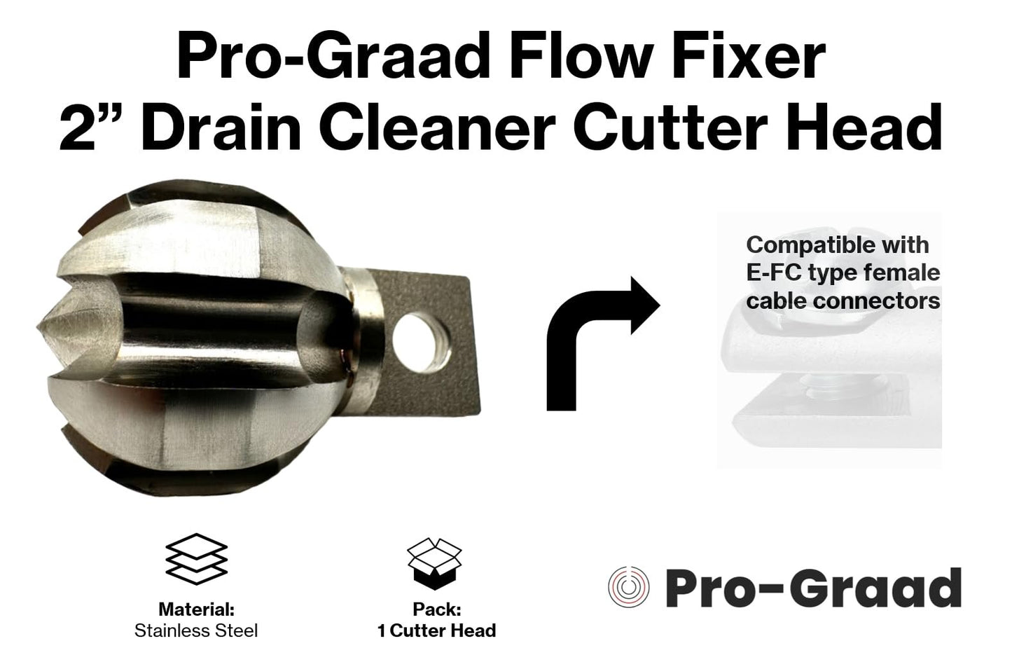 Pro-Graad 2” Flow Fixer Drain Cleaner Plumbing Snake Cutter Head for 2-1/2" - 3" Pipes, Clears & Scrapes Pipe Inner Walls, Fits 5/8” & 3/4" Cables, for Commercial & Residential Use