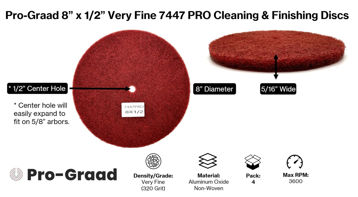 Pro-Graad 4 Pack 8” x 1/2” Very Fine 7447 PRO Non-Woven Buffing, Blending, Cleaning, Light Deburring & Finishing Discs, Pack of 4