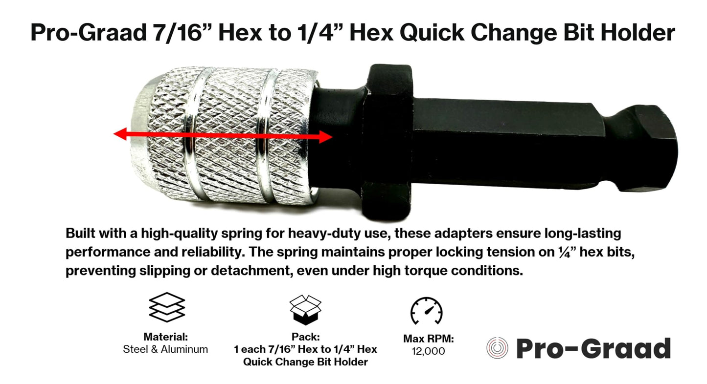 Pro-Graad 7/16" Hex to 1/4" Hex Shank Adapter, Quick Change Bit Holder Converter for 7/16 Impact Drivers & 1/2" Power Drills, Heavy Duty 1/4 Hex Bit Holder for Drill & Driver Accessories