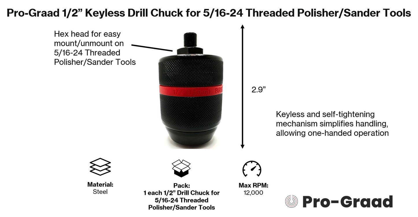 Pro-Graad 1/2" Keyless Drill Chuck for 5/16-24 Threaded Polisher Sander Tools, 0.08” – 0.51” Capacity, Self-Tighten Drill Chuck, Upgrade Accessory for SPTA, WORKPRO & similar 5/16-24 threaded tools