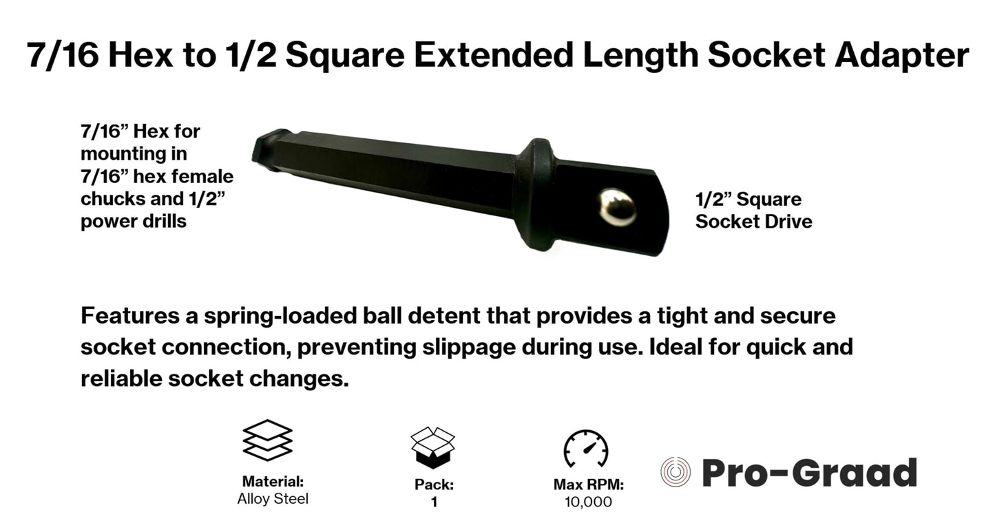 Pro-Graad 7/16 Hex to 1/2 Square Socket Extended Length Adapter Drive Converter, Impact Driver Bit, Ball Retainer, 3.5” Extension, Works with 7/16” Impact Driver & 1/2" Drill