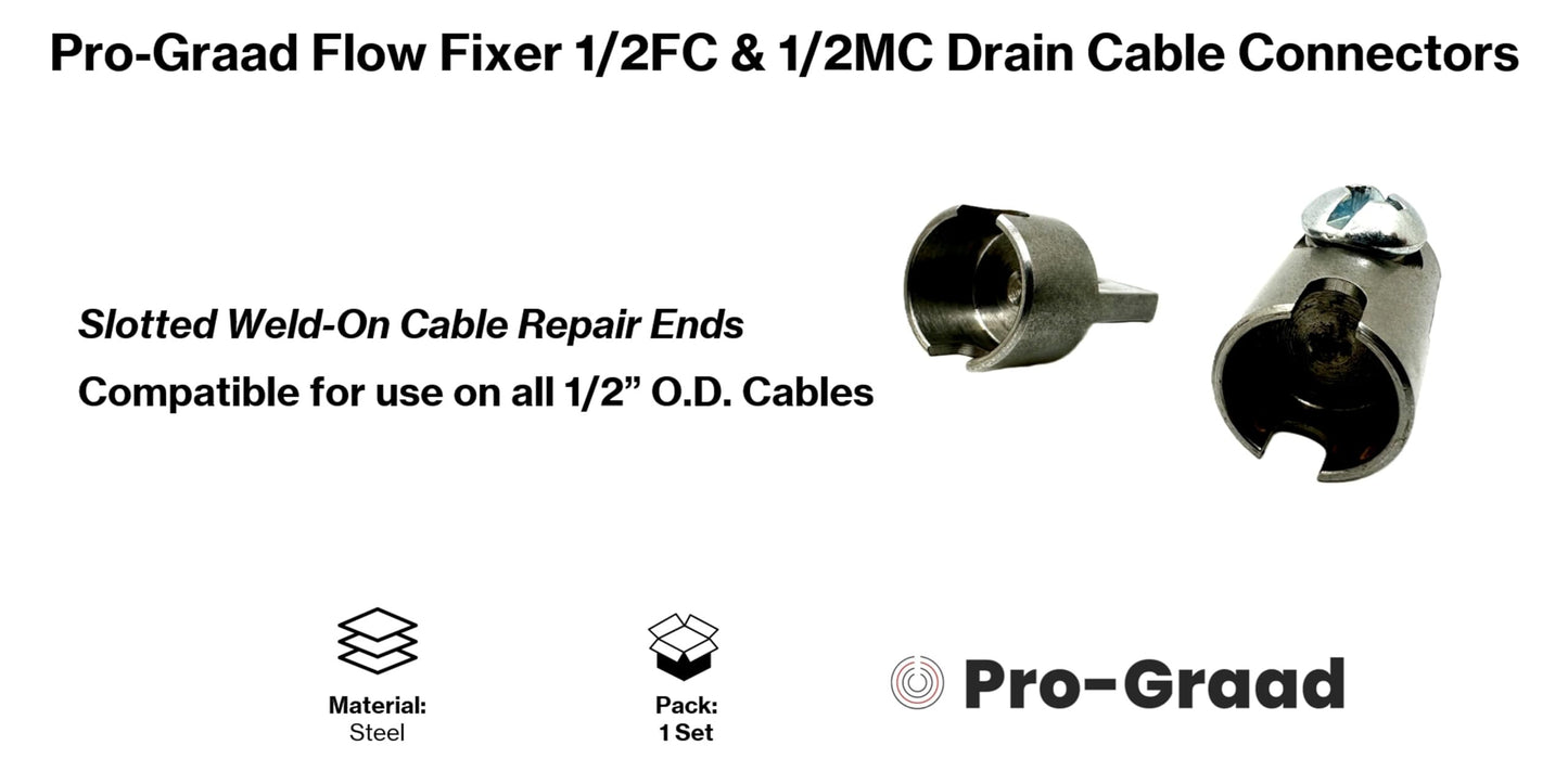 Pro-Graad Flow Fixer 1/2” Slotted Drain Cleaner Cable Weld On Repair End, 1/2FC & 1/2MC MALE and FEMALE WELD-ON CABLE END REPAIR for 1/2" Cables. Fits All 1/2" O.D Cables, Hollow or Inner Core