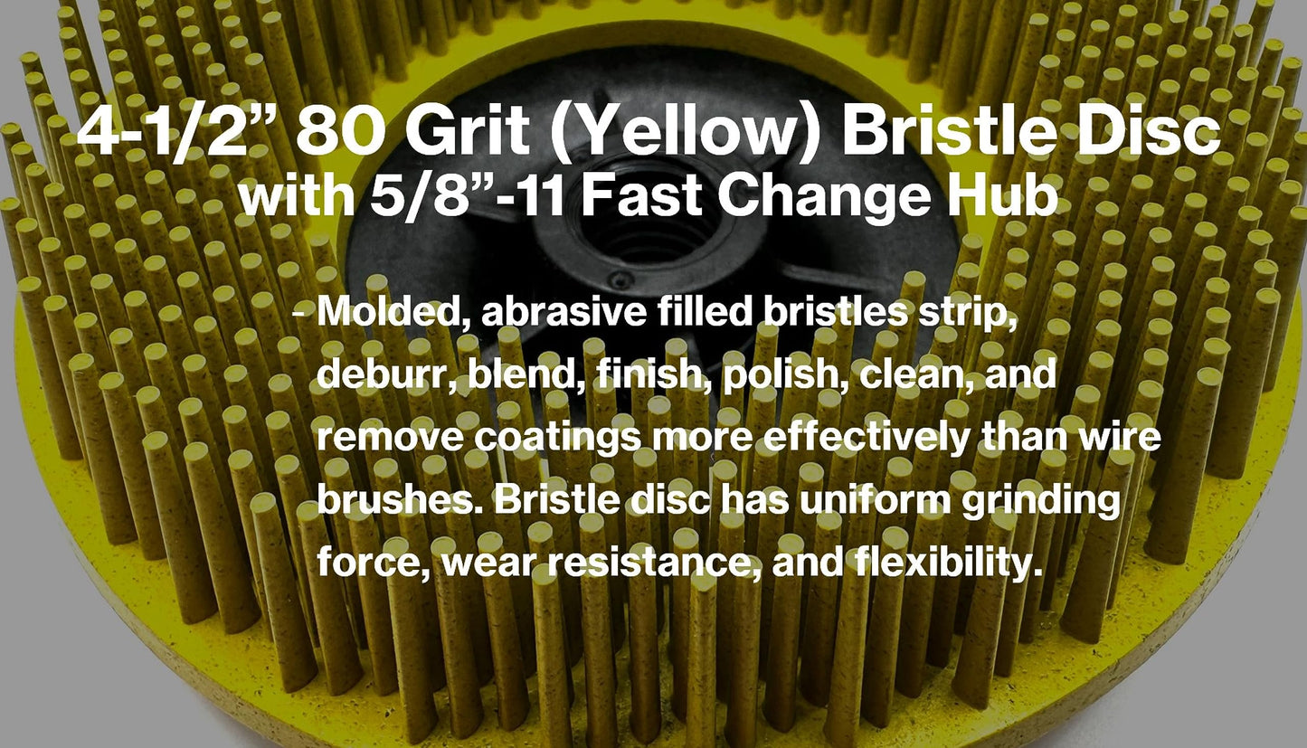 Pro-Graad 4-1/2” x 5/8”-11 80 Grit Yellow Bristle Disc | Ceramic-Aluminum Oxide Abrasive Bristle Disc with 5/8”-11 Fast Change Hub | Remove Coatings Paint Rust Contaminants Weld Burn | Pack of 1