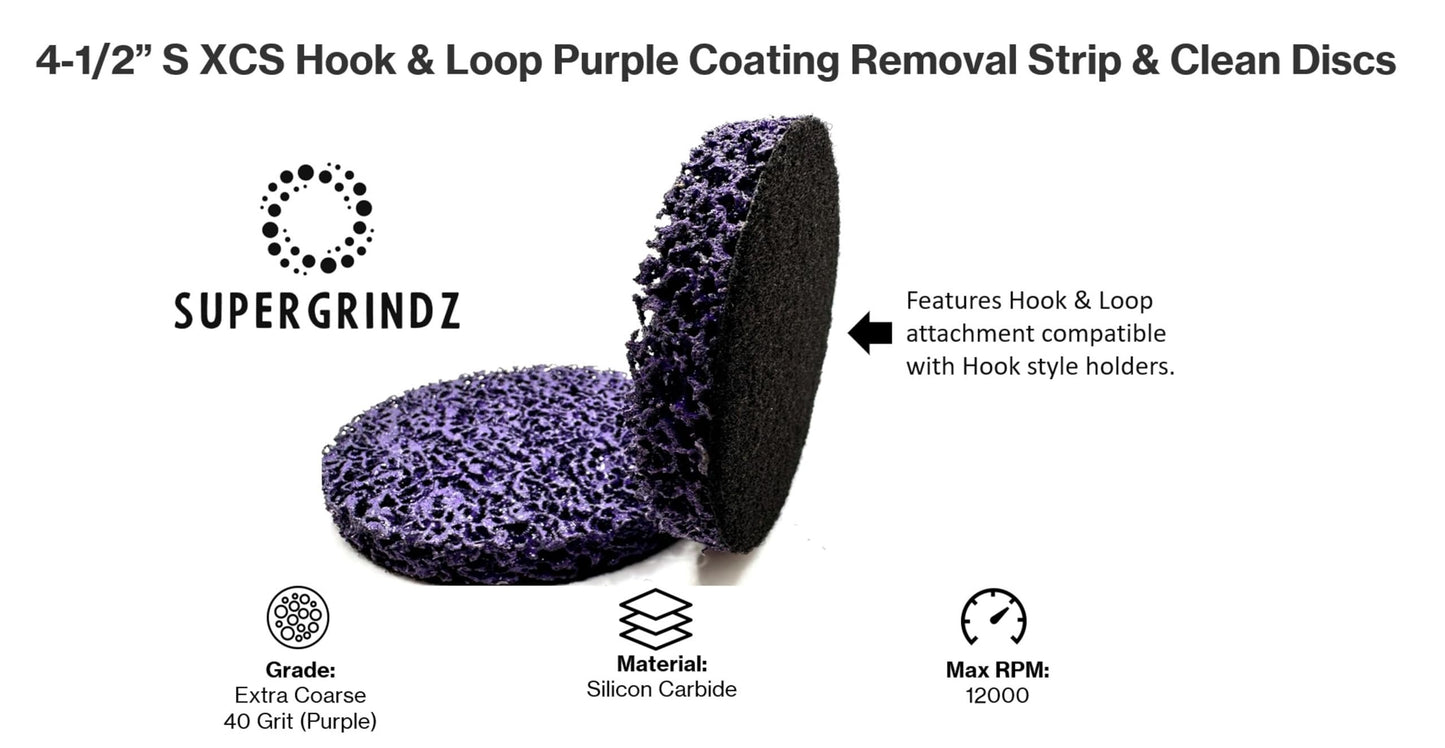 SuperGrindz 4 Piece Kit 4-1/2” SXCS Hook & Loop Purple Coating Removal Discs with 4-1/2” x 5/8”-11 Holder, Drill Adapter, Silicon Carbide Extra Coarse Clean & Strip, Strips Paint Coatings Clean Welds