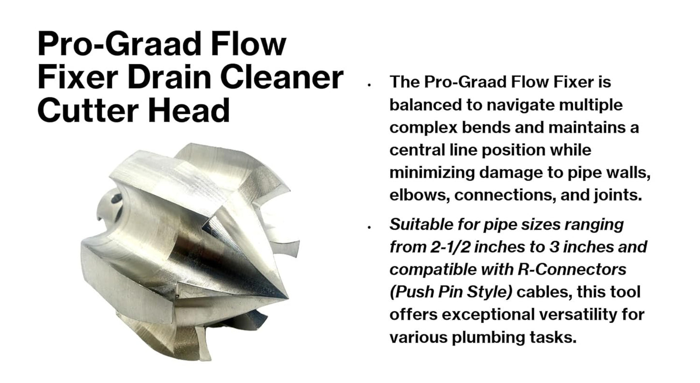Pro-Graad 2” Flow Fixer Drain Cleaner Plumbing Snake Cutter Head for 2-1/2" - 3" Pipes, Clears & Scrapes Pipe Inner Walls, with R-Connector (Push Pin Fitting), for Commercial & Residential Use