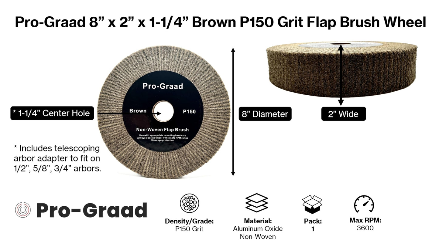 8” x 2” Brown P150 Cut & Polish Non-Woven Bench Grinder Polishing Burnishing Satin Finishing Flap Brush Wheel, Aluminum Copper Metal Golf Club Refurb, Compatible for 1/2”, 5/8”, 3/4" Arbor
