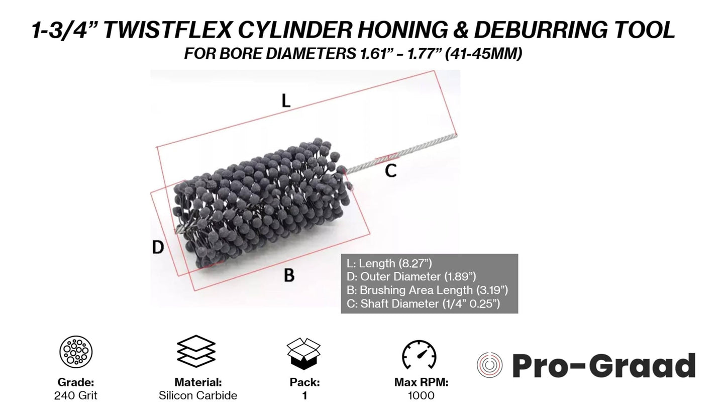 Pro-Graad TwistFlex 1-3/4" 240SC Cylinder Hone | 1.75" Flexible Cylinder Honing & Deburring Tool | Bore Brush for Hole Diameters 1.61 - 1.77" | Silicon Carbide 240 Grit | 1/4" Shank | 8.27" Length