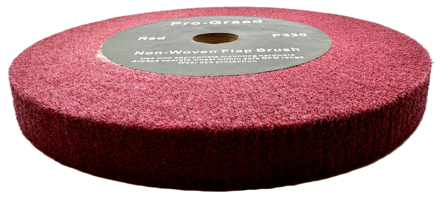 Pro-Graad 10” x 1” x 1-1/4” Red Bench Grinder Polishing Wheel Flap Brush, 320 Grit, Tight Weave, Great for refurb of Golf Clubs and Metal, Non-Woven Wheel for Copper, Metal, Finishing, and Burnishing