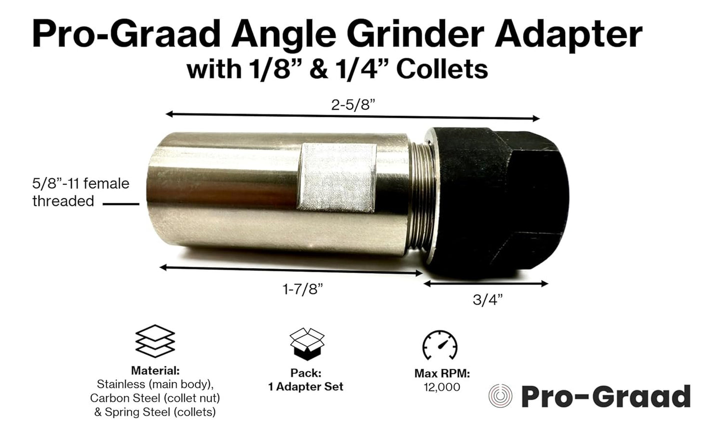 SuperGrindz 5/8”-11 Thread Angle Grinder Extension Shaft Set, Grinder Adapter with 1/4” & 1/8” Collets, Rotary Tool Conversion for Metalworking Woodworking, Fits 5/8-11 Threaded Angle Grinders
