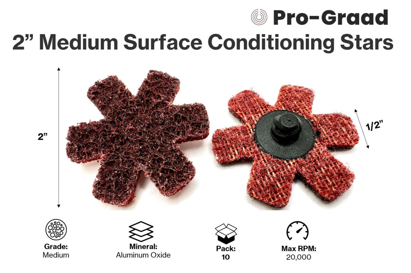 Pro-Graad 10 Pack 2” Medium Quick Change Surface Conditioning Stars, Ideal for Deburring, Polishing, Blending inside of cylinders, pipe, tubing, Excels on Aluminum, Steel, Titanium - Includes Holder