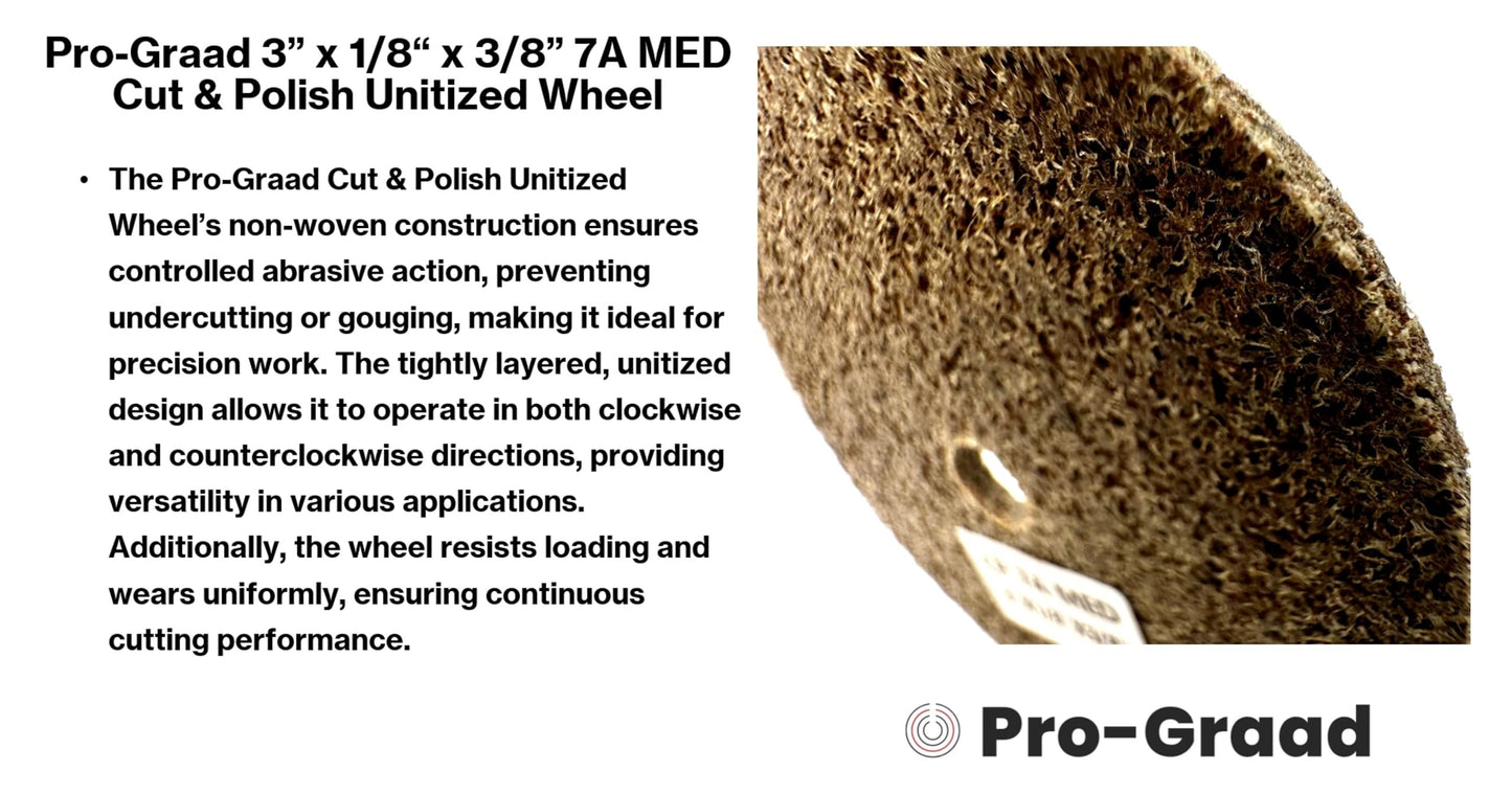 Pro-Graad 5 Pack 3” x 1/8” x 3/8” 7A MED Cut & Polish Unitized Wheel – durable, aggressive for tough blending, finishing & deburring stainless, carbon steel & high-nickel alloys, 17250