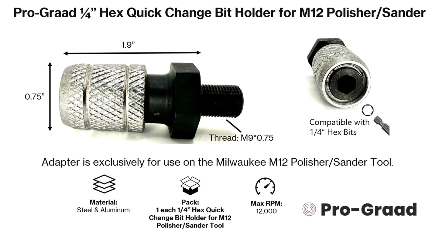 Pro-Graad 1/4” Hex Shank Converter, Quick Change Bit Holder Adapter for Milwaukee M12 Polisher Sander Tool, Upgrade Accessory M12 Polisher/Sander, Pack of 1