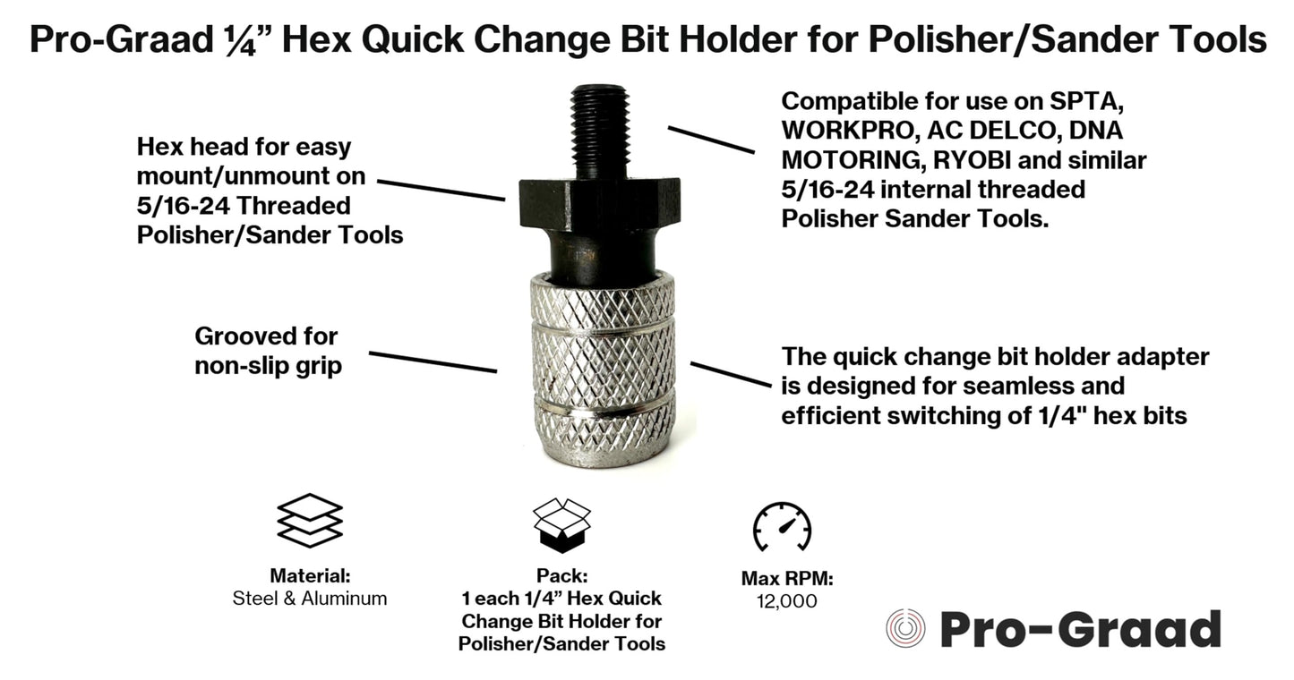 Pro-Graad 1/4” Hex Shank Converter, Quick Change Bit Holder Adapter for 5/16-24 Internal Threaded Polisher Sander Buffer Tools, Upgrade Accessory for SPTA, WORKPRO & Similar 5/16-24 Threaded Tools