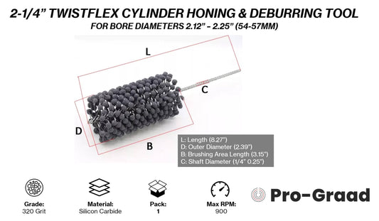 TwistFlex 2-1/4” 320 Silicon Carbide Cylinder Hone 55-57mm, Bores 2.12”-2.25” for YZ125 1976-93, KTM150 SX 2009-22, KTM150 XC 2010-15, KX125 1979-91, TE150 2017-21, DR-Z 125 2003-09, DR-Z 125L 2012-23