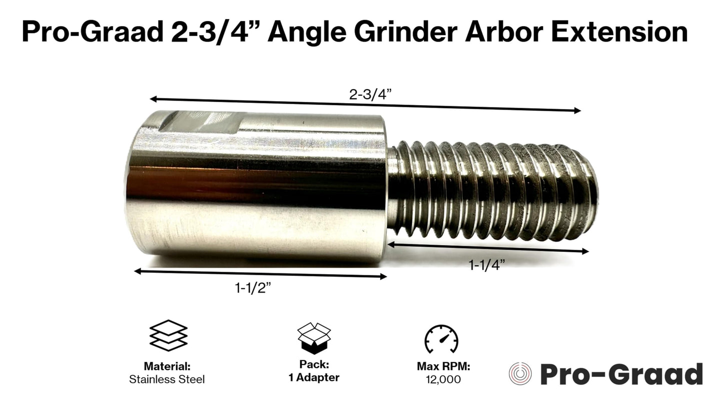 Pro-Graad 2-3/4” Stainless Angle Grinder Arbor Extension, 1-1/4” Thread Length, Extra Threads On Power Tools with 5/8”-11 Arbor, Angle Grinder Airway Buff Extender Kit for Buffing & Airway Wheels