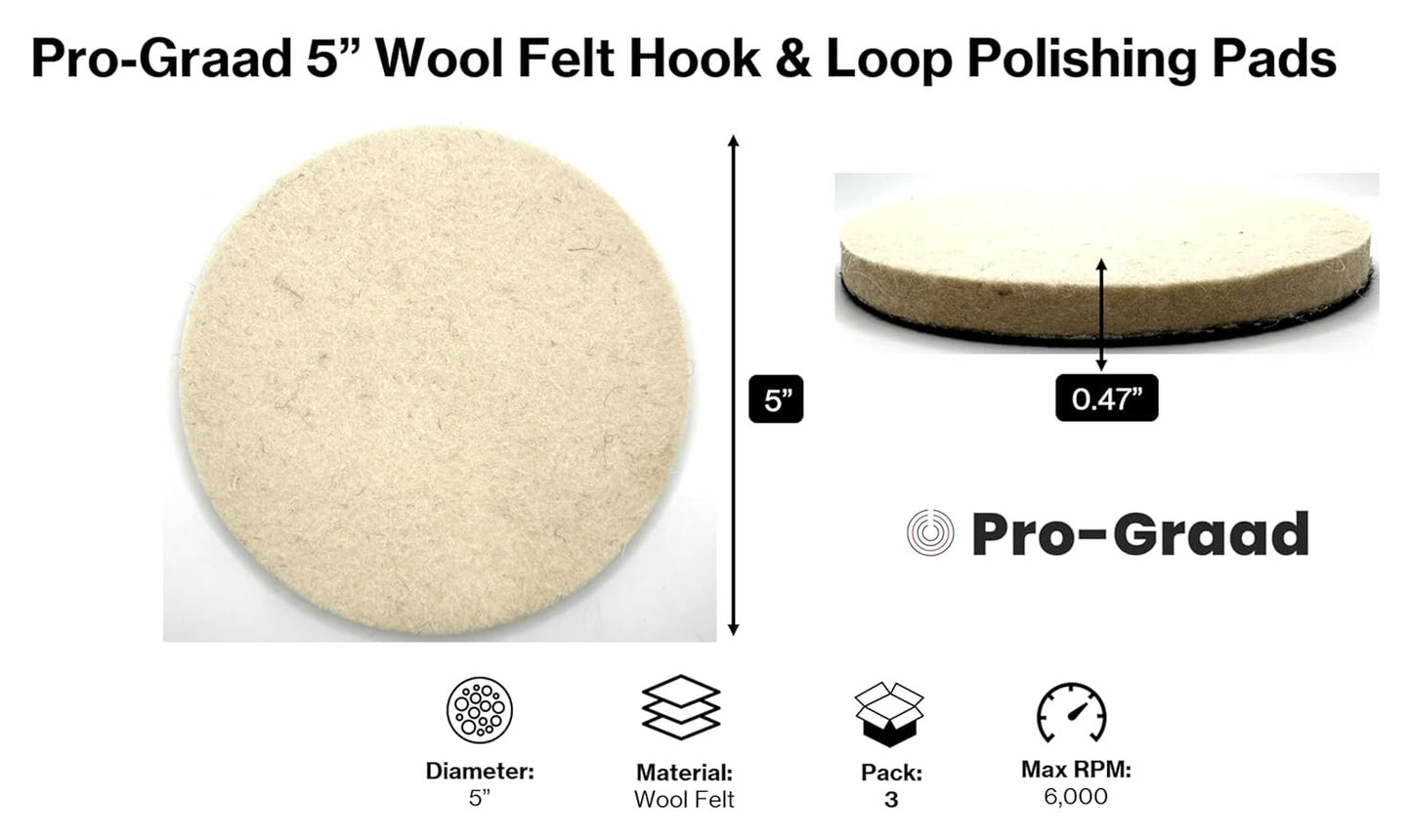 Pro-Graad 5" Wool Polishing Pads, 3pcs Wool Felt Polishing Pad Buffing Wheels Flocking Hook & Loop Backing for Random Orbital Sander, Pack of 3