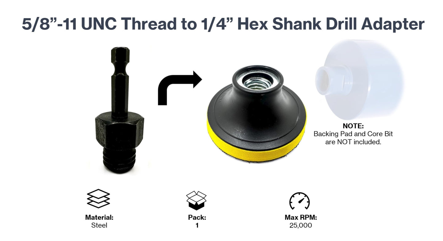 Pro-Graad DA3 5/8" to 1/4" Hex Drill Adapter Converts 2" to 6" Polisher Pad Backing Plates or Core Drill Bit with 5/8”-11 UNC Thread to 1/4" Hex Shank for Use with Drills and Drill Press (1 Pack)