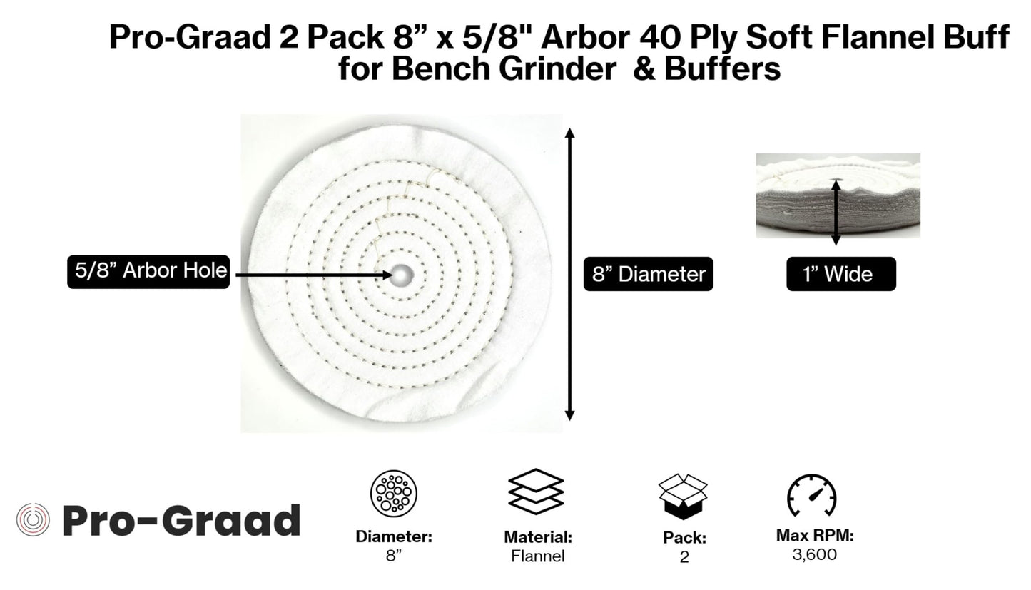 Pro-Graad 2-Pack Buffing Polishing Wheels 8" x 5/8" Arbor 40-Ply Extra Thick Soft Flannel for Bench Grinder Buffer, Ideal for Mirror Finishing Aluminum, Stainless Steel, Chrome, Plastics, Silver, Gold