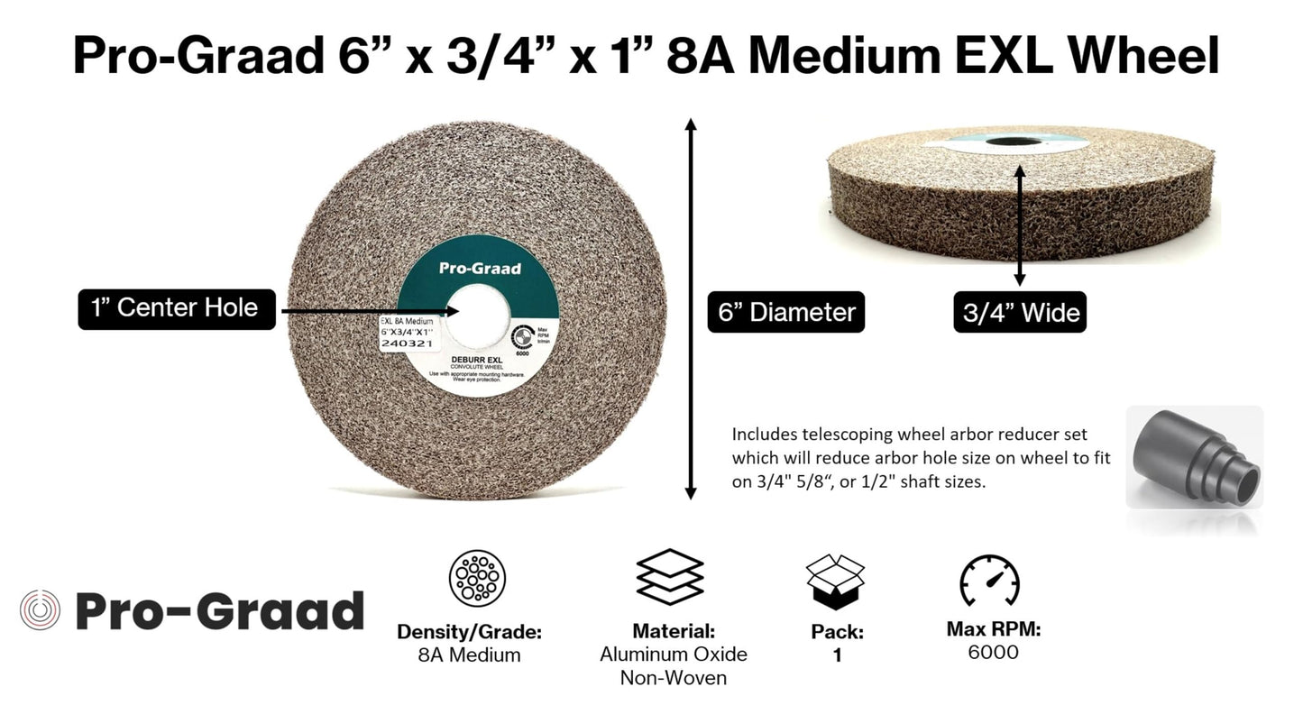 Pro-Graad EXL Deburring Wheel - 6" x 3/4" x 1" 8A Medium Grit - Aluminum Oxide - Metal Deburring, Finishing and Polishing Wheel - Convolute - 24071 - (1 Pack)