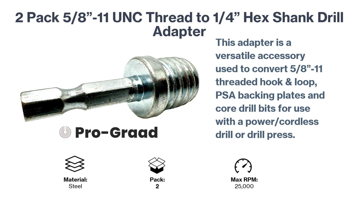 Pro-Graad DA4 2 Pack 5/8"-11 to 1/4" Hex Shank Drill Adapter - Converts Polisher Pad Backing Plates or Core Drill Bit with 5/8-11 Thread to 1/4" Hex Shaft for Use with Drills and Drill Press (2 Pack)