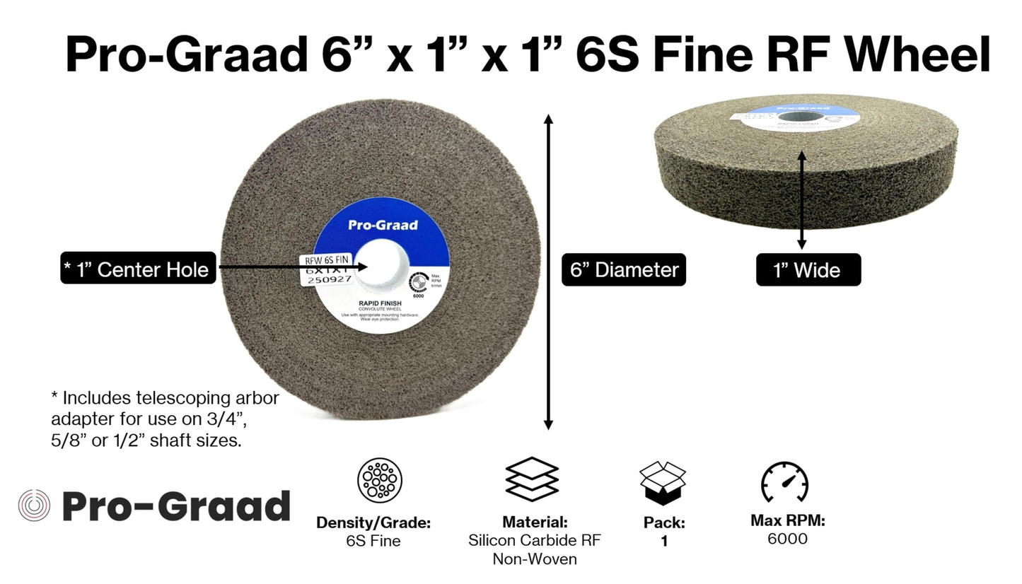 Pro-Graad 1 Pack 6” x 1” x 1” 6S Fine Series 1000 RF Long Life Convolute Deburring, Finishing & Polishing Wheel, Includes Adapter for use on 3/4 5/8 1/2 inch Shaft Sizes, Pack of 1