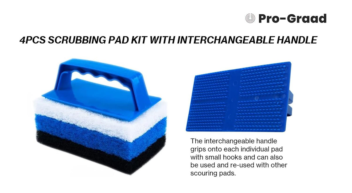 Pro-Graad Scrub Pad with Handle, 3pcs Scrub Pads with Reusable Handle, 3 Different Scrubbing Scouring Pads Kit for Bathroom, Kitchen, Teak, Grill, Boat Hull, Compatible with Star brite Pads