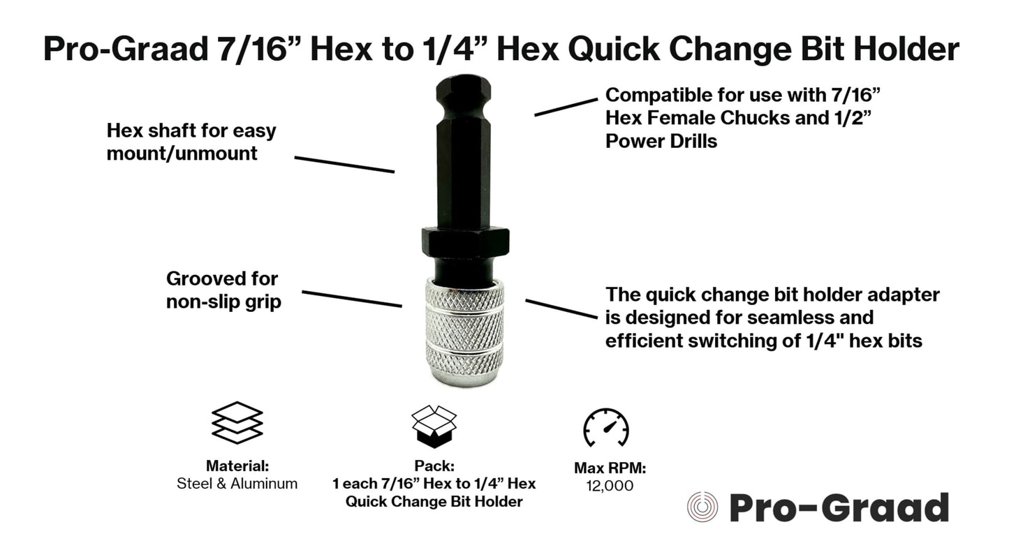 Pro-Graad 7/16" Hex to 1/4" Hex Shank Adapter, Quick Change Bit Holder Converter for 7/16 Impact Drivers & 1/2" Power Drills, Heavy Duty 1/4 Hex Bit Holder for Drill & Driver Accessories