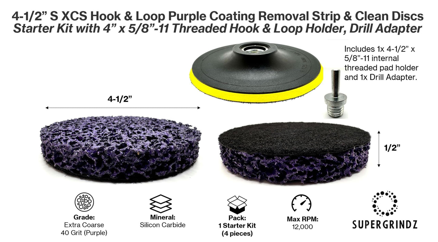 SuperGrindz 4 Piece Kit 4-1/2” SXCS Hook & Loop Purple Coating Removal Discs with 4-1/2” x 5/8”-11 Holder, Drill Adapter, Silicon Carbide Extra Coarse Clean & Strip, Strips Paint Coatings Clean Welds