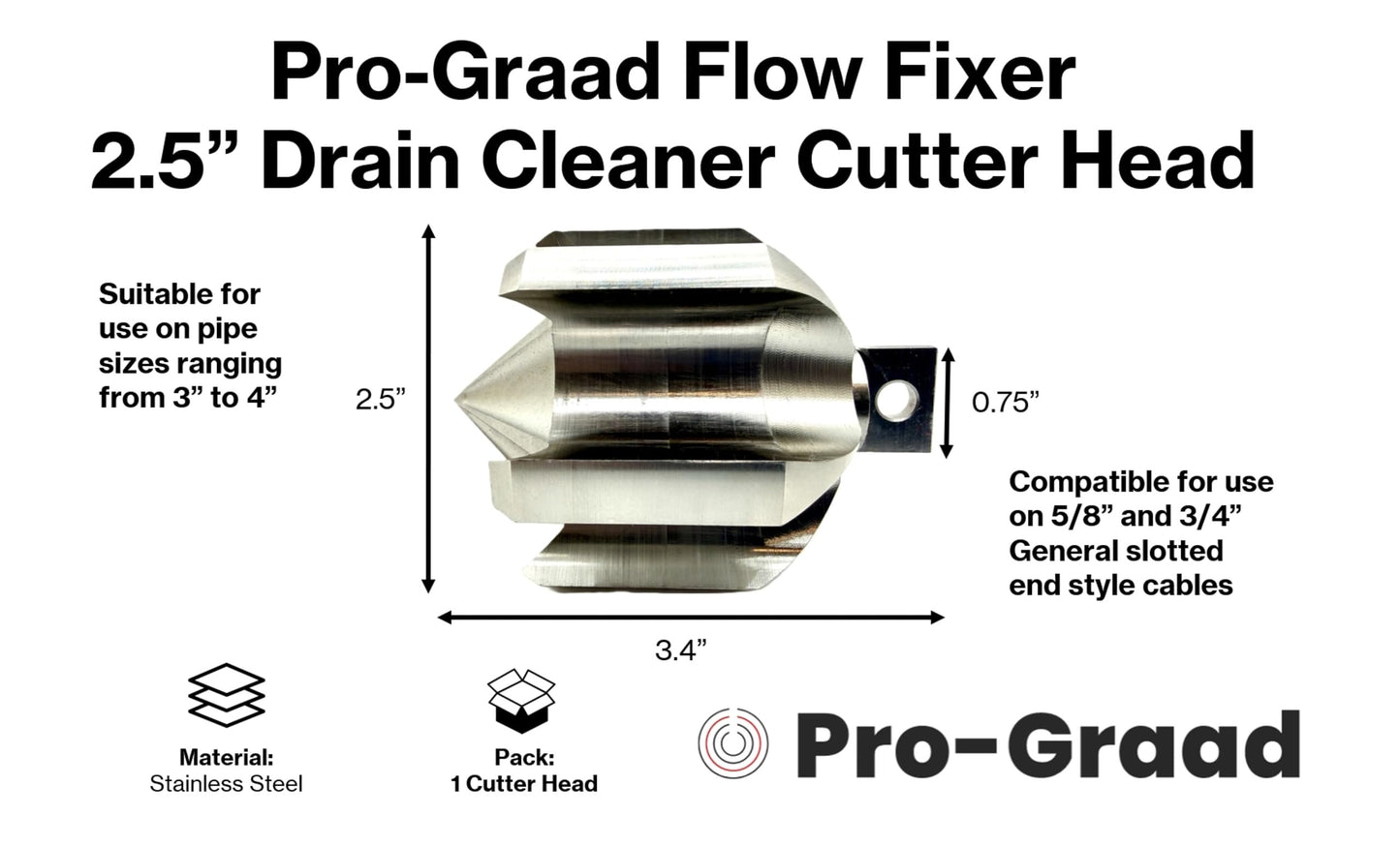 Pro-Graad Flow Fixer 2-1/2" Drain Cleaner Plumbing Snake Cutter Head for 3" - 4" Pipes, Clears & Scrapes Pipe Inner Walls, Fits 5/8” & 3/4" Cables, for Commercial & Residential Use