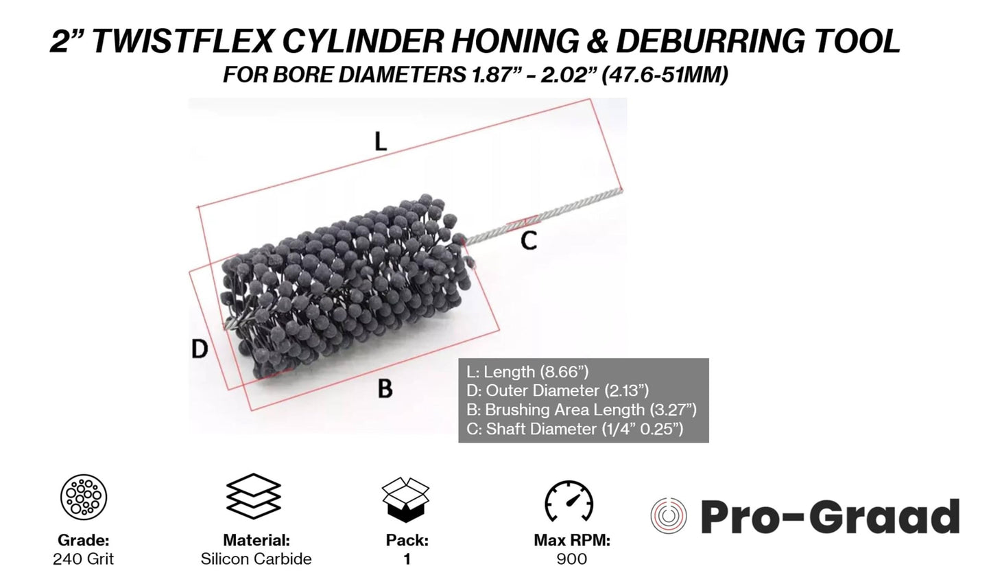 Pro-Graad TwistFlex Cylinder Hone | 2" 240SC Flexible Cylinder Honing & Deburring Tool | 2" Bore Brush for Hole Diameters 1.87"- 2.02" | Silicon Carbide 240 Grit | 1/4" Shank | 8.66" Length