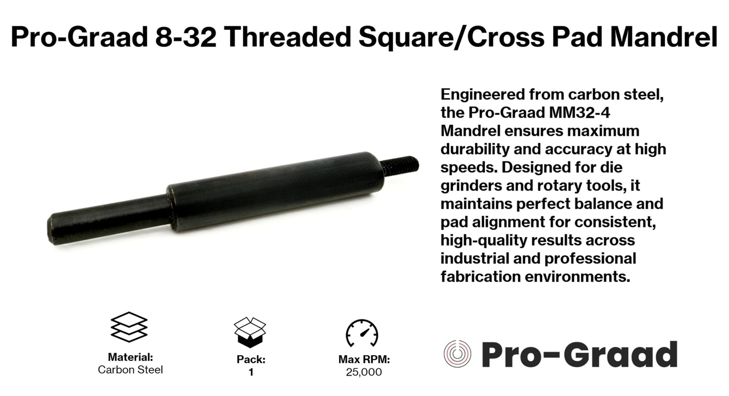 Pro-Graad MM32-4 8-32 Threaded Overlap Slotted Disc, Square Pad, Cross Pad, Cross Buff Quick-Change Mandrel, 3.5" Overall Length, 1/4" Shank Diameter, #8-32 Thread Size